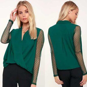 Lulus Forest Green Swiss Dot Long Sleeve Top S